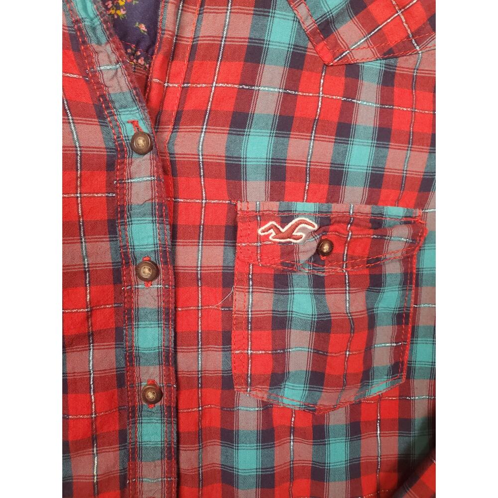 Hollister Women's Size L Green, Red & Metallic Button Up Plaid Western Shirt - Picture 6 of 6